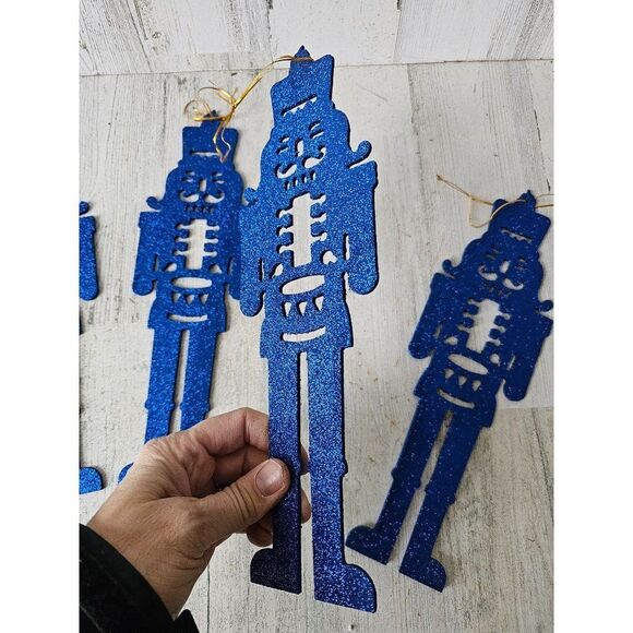 Large blue glitter nutcracker ornament soldier vintage Xmas set - Picture 3 of 7